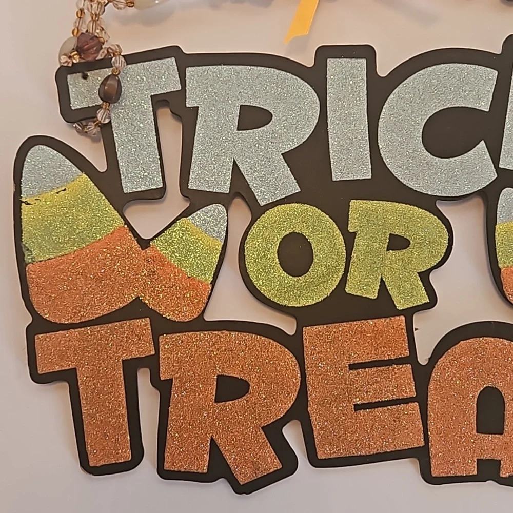 Hand Crafted trick or treat glitter Halloween sign wooden wall decor beaded